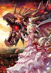  blonde_hair cloud dragon dragon_wings dress frills gloves green_eyes heterochromia kabutoyama long_hair mechanical_dragon original petals robot_ears sky twintails very_long_hair wings yellow_eyes 