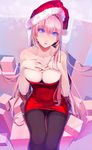  absurdres bare_shoulders black_legwear blue_eyes blush breasts cleavage crotch_seam hand_on_own_chest hat highres large_breasts long_hair looking_at_viewer megurine_luka okingjo open_mouth panties panties_under_pantyhose pantyhose pink_hair red_skirt santa_hat skirt solo thigh_gap thighband_pantyhose thighs underwear vocaloid 
