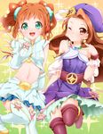  :d ;) belt bow brown_eyes brown_hair costume_request dress earrings elbow_gloves fingerless_gloves gloves green_eyes hair_bow hat idolmaster idolmaster_(classic) jewelry long_hair midriff minase_iori multiple_girls navel necklace one_eye_closed open_mouth palace_of_dragon_(idolmaster) s-ram skirt smile standing standing_on_one_leg star takatsuki_yayoi thighhighs twintails zettai_ryouiki 