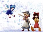  ;p ankle_socks apron black_eyes blonde_hair blue_hair boots bow braid broom brown_hair cirno clenched_teeth closed_eyes dress facing_away flying gonnsuke gradient gradient_background hair_bow hair_tubes hakurei_reimu hat hat_ribbon ice ice_wings kirisame_marisa leaf legs_apart long_sleeves looking_at_another maple_leaf multiple_girls one_eye_closed outstretched_arms pointing ribbon scarf short_hair short_sleeves sideways_glance single_braid skirt skirt_set spread_arms sweater teeth tongue tongue_out touhou tree waist_apron wings witch_hat 