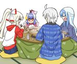  1boy 3girls ^_^ alternate_costume blue_hair blush bottle bow bowl chewing chopsticks closed_eyes eating food fujiwara_no_mokou hair_bow hair_tie happy head_wings horns jacket kamishirasawa_keine kotatsu long_hair long_sleeves morichika_rinnosuke multicolored_hair multiple_girls open_mouth pillow pocket ponytail red_eyes ribbed_sweater ribbon sag_(karehabase) sake_bottle short_hair silver_hair single_head_wing sitting sweatdrop sweater table tatami tokiko_(touhou) touhou track_jacket turtleneck two-tone_hair white_hair wings 