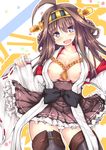  absurdres ahoge areola_slip areolae bare_shoulders boots breasts brown_hair detached_sleeves double_bun hair_ornament hairband highres japanese_clothes kantai_collection kongou_(kantai_collection) large_breasts long_hair nanpuu open_mouth purple_eyes ribbon-trimmed_sleeves ribbon_trim solo thigh_boots thighhighs 