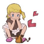  1girl bike_shorts blonde_hair blush child eureka_(pokemon) heart knees legs nintendo pokemon pokemon_(anime) pokemon_(game) pokemon_xy shoes short_hair side_ponytail sitting skirt smile spats 