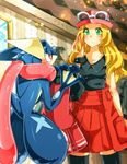  1girl bare_shoulders black_legwear blouse blue_eyes breasts brown_hair collarbone green_eyes greninja hat hips legs legwear long_hair miniskirt nintendo pleated_skirt pokemon pokemon_(anime) pokemon_(game) pokemon_xy red_eyes serena_(pokemon) shiny shiny_skin skirt sky sleeveless solo sunglasses sunglasses_on_head thighhighs wristband 