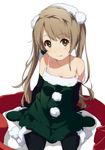  3: alternate_hairstyle bare_shoulders black_gloves black_legwear blonde_hair bra brown_eyes christmas collarbone dress elbow_gloves gloves green_santa_costume green_skirt hair_ornament highres long_hair looking_at_viewer love_live! love_live!_school_idol_project minami_kotori off_shoulder ogipote pink_bra santa_costume sitting skirt smile solo strap_slip strapless strapless_dress thighhighs twintails underwear very_long_hair wariza zettai_ryouiki 