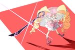 bad_id bad_pixiv_id big_hair blonde_hair boots bow closed_eyes dress drill_hair eyepatch full_body gd._fengzi hair_bow harime_nui highres kill_la_kill knee_boots long_hair pink_bow pink_footwear pink_umbrella red_background scissor_blade sketch skirt smile solo spoilers strapless strapless_dress twin_drills twintails umbrella 