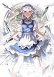  apron braid emerane glaring gloves izayoi_sakuya knife leg_garter light looking_at_viewer maid_headdress parted_lips red_eyes ribbon short_hair silver_hair solo stopwatch touhou twin_braids waist_apron watch white_gloves wide-eyed 