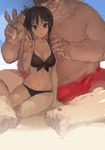  1girl akiyama_mio arm_support bad_id bad_pixiv_id beach bikini black_eyes black_hair breasts cleavage fat fat_man front-tie_top hetero hjl k-on! long_hair looking_at_viewer medium_breasts size_difference swimsuit ugly_man v 