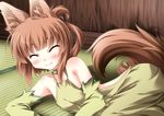  ^_^ animal_ears armpits bare_back bare_shoulders blush brown_hair choker closed_eyes collarbone detached_sleeves dress enja_niuhali fang fang_out fox_ears fox_tail gloves halterneck long_sleeves lotte_no_omocha! lying on_floor sasasa_(nashi) short_hair smile solo tail tatami wooden_wall yellow_dress yellow_gloves 