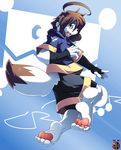  anthro barefoot blue_eyes brown_hair canine dog fur hair kivwolf male mammal solo white_fur 