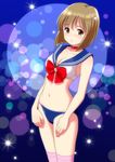  :o bikini bishoujo_senshi_sailor_moon blue_sailor_collar blush bob_cut bow bra breasts brown_eyes brown_hair choker cleavage cosplay hagiwara_yukiho highres idolmaster idolmaster_(classic) looking_at_viewer open_mouth panties ponnetsu red_bow red_choker sailor_bikini sailor_collar sailor_moon sailor_moon_(cosplay) sailor_moon_narikiri_bra_set sailor_senshi_uniform short_hair solo stomach swimsuit thighhighs underwear underwear_only 