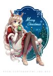  antlers blue_eyes boots braid brown_hair capelet christmas christmas_tree gift hitsuki_rei long_hair merry_christmas original pantyhose parted_lips skirt snowflakes solo star sweater twin_braids very_long_hair watermark web_address 