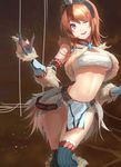  armor blue_eyes breasts brown_hair cao_xiong fur_trim gauntlets highres kirin_(armor) medium_breasts monster_hunter one_eye_closed open_mouth short_hair smile solo thighhighs underboob 