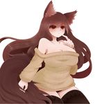  animal_ears arano_oki bare_shoulders black_legwear black_panties breasts brown_hair cleavage imaizumi_kagerou large_breasts long_hair panties red_eyes ribbed_sweater simple_background solo sweater tail thighhighs touhou underwear white_background wolf_ears wolf_tail 