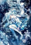  blue_eyes blue_hair detached_sleeves dress hatsune_miku highres long_hair looking_at_viewer md5_mismatch onineko scarf snow snowflakes solo thighhighs twintails vocaloid yuki_miku 