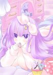 breasts cake eating food highres large_breasts long_hair looking_at_viewer lying nipples no_hat no_headwear on_stomach patchouli_knowledge purple_eyes purple_hair shiromomo solo stuffed_animal stuffed_toy teddy_bear touhou 