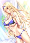  bed bed_sheet bikini bikini_pull blonde_hair blue_bikini blue_eyes blue_hairband blush breasts cecilia_alcott cleavage drill_hair hairband infinite_stratos large_breasts long_hair navel pinky_out pulled_by_self smile solo strap_gap swimsuit window zucchini 