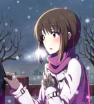  blush breath brown_eyes brown_hair coat gloves hagiwara_yukiho highres idolmaster idolmaster_(classic) open_mouth rariemonn scarf shirt_grab short_hair 