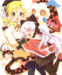  :3 ^_^ ayakashi_(monkeypanch) beret black_legwear blonde_hair bloomers blush breasts capelet charlotte_(madoka_magica) closed_eyes drill_hair fingerless_gloves gloves hair_ornament hat highres hood huge_breasts kyubey long_hair mahou_shoujo_madoka_magica mahou_shoujo_madoka_magica_movie momoe_nagisa multiple_girls open_mouth pantyhose pink_hair polka_dot polka_dot_legwear red_eyes smile striped striped_legwear thighhighs tomoe_mami tongue tongue_out twin_drills twintails underwear yellow_eyes 