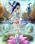  air_bubble animal bird blue_eyes blue_hair bow_(weapon) bubble circle_hitori copyright_request dress floating_hair flower flying iridescent leaf lily_pad long_hair outdoors plant river solo source_request spread_wings standing surreal water weapon white_dress wings 