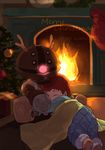  acguy amuro_ray antlers blanket brown_hair christmas christmas_ornaments christmas_tree fire fireplace gift glowing glowing_eye gundam hat mecha mobile_suit_gundam pydiyudie reindeer_antlers signature sleeping younger 