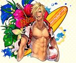  1boy abs ball blonde_hair blue_eyes character_name cutout final_fantasy final_fantasy_type-0 flower hair_between_eyes hair_over_one_eye male male_focus moogle muscle navel nine_(fft-0) nipples open_clothes open_shirt pecs scar shirt smile solo sparkle square_enix starman_hal surfboard text veins 