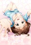  bra breasts brown_eyes brown_hair cleavage dated downblouse hagiwara_yukiho happy_birthday heart idolmaster idolmaster_(classic) looking_at_viewer lying medium_breasts open_mouth panties ribbon-trimmed_clothes ribbon_trim solo sunsun69 underwear upside-down 