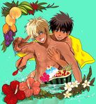  2boys abs aqua_eyes black_hair blonde_hair clenched_teeth dark_skin dessert flower food fruit goma_saba grin hand_on_another's_chest hand_on_chest looking_at_viewer male male_focus multiple_boys muscle nipples nude original pecs red_eyes reflection smile spoon tan teeth topless towel water watermelon wet wink yaoi 