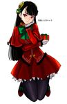  alternate_color alternate_hair_color black_hair black_legwear box capcom_fighting_jam capelet chin_rest christmas collar gift gift_box gloves hairpods highres ingrid long_hair mary_janes pantyhose red_eyes shoes skirt solo tetsu_(kimuchi) translated white_gloves 