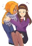  androgynous artist_request blonde_hair braid brown_hair carrying contemporary dark_skin hairband interracial long_hair multiple_girls necktie pantyhose pointy_ears princess_zelda reverse_trap scarf selfcest sheik smile sweater the_legend_of_zelda the_legend_of_zelda:_ocarina_of_time the_legend_of_zelda:_twilight_princess time_paradox yuri 