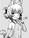  animal_ears blush bracelet enja_niuhali fang fox_ears fox_tail gloves greyscale hair_up halterneck heart jewelry lotte_no_omocha! monochrome no_bra smile solo speech_bubble tachikawa tail 