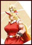  alternate_costume belt blonde_hair boots breasts capelet carrying cuffs frame green_eyes hands_on_hips highres horn hoshiguma_yuugi huge_breasts long_hair mizuhashi_parsee multiple_girls muscle muscular_female pointy_ears red_eyes red_footwear santa_costume shackles shoulder_carry size_difference touhou very_long_hair yuuki_(yukigeshou_hyouka) 