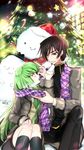  1girl black_hair c.c. christmas_ornaments christmas_tree code_geass creayus food green_hair hat lelouch_lamperouge long_hair open_mouth purple_eyes santa_hat scarf shared_scarf sitting snowman sweat winter_clothes yellow_eyes 