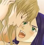  close-up closed_eyes embarrassed eyelashes fujino_shizuru green_eyes hand_on_head hand_on_own_head kuga_natsuki lowres mico3 multiple_girls my-hime nervous open_mouth parted_lips shouting sweatdrop yuri 