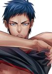  1boy aomine_daiki basketball_uniform blue_eyes blue_hair kuroko_no_basuke male male_focus muscle nipples pecs series shirt_lift simple_background solo sportswear sweat undressing uniform white_background yubikitasu2 