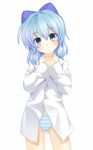  blue_eyes blue_hair cirno dress_shirt hair_ribbon looking_at_viewer no_pants panties racer_(magnet) ribbon shirt short_hair sleeves_past_wrists solo striped striped_panties touhou underwear 