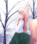  animal_ears blonde_hair blush fox_ears fox_tail hands_on_own_chest long_hair looking_up noa_(nagareboshi) open_mouth original snow snowing solo tail 