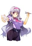  bowl chopsticks eating food food_on_face hairband highres holding holding_chopsticks idolmaster idolmaster_(classic) left-handed long_hair no_legs racer_(magnet) red_eyes rice rice_bowl rice_on_face shijou_takane silver_hair solo white_background 