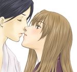  bangs black_hair blue_hair brown_eyes brown_hair closed_eyes couple face fujino_shizuru imminent_kiss japanese_clothes kimono kiss kuga_natsuki mico3 multiple_girls my-hime parted_bangs profile simple_background white_background yukata yuri 