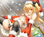  bad_id bad_pixiv_id black_legwear black_panties blonde_hair blush boots bow breasts detached_sleeves fang flandre_scarlet gloves hair_bow hat highres long_sleeves midriff navel open_mouth panties pink_hair red_footwear red_gloves revealing_clothes santa_costume santa_hat shirt sideboob skirt small_breasts solo soraneko_(192355) spread_legs thighhighs touhou underwear wide_sleeves wings 