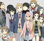  6+girls :o argyle black_gloves black_hair blazer brown_hair cardigan cellphone coat double_bun everyone fujima_miroku glasses gloves grey_background inami_sakura jacket kanbara_akihito kanbara_yayoi kuriyama_mirai kyoukai_no_kanata long_hair multiple_boys multiple_girls nase_hiroomi nase_izumi nase_mitsuki necktie ninomiya_shizuku open_cardigan open_clothes open_mouth pantyhose phone red-framed_eyewear sasamori_tomoe scarf school_uniform serafuku shindou_ai shindou_ayaka shirt short_hair shorts simple_background smartphone smile striped striped_shirt sweater v-shaped_eyebrows 