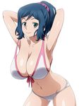  armpits arms_up bikini blue_hair blush breasts cleavage front-tie_top green_eyes gundam gundam_build_fighters highres iori_rinko large_breasts looking_at_viewer mameshiba navel ponytail shiny shiny_skin simple_background smile solo strap_gap swimsuit white_background 