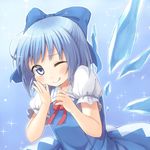  ;q bad_id bad_pixiv_id blue_eyes blue_hair blush bow chika_(orange_pop) cirno dress hair_bow hand_on_own_cheek ice ice_wings one_eye_closed short_hair smile solo tongue tongue_out touhou wings 