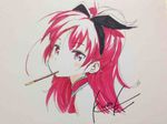  food kuroboshi_kouhaku long_hair looking_at_viewer mahou_shoujo_madoka_magica mouth_hold pocky ponytail red_eyes red_hair sakura_kyouko signature sketch solo 