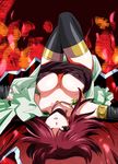  ashi_ura black_legwear breasts brown_eyes cleavage collarbone covered_nipples detached_sleeves floating_hair from_behind hair_over_one_eye highres izayoi_aki long_hair looking_at_viewer lying medium_breasts on_back parted_lips red_hair shiny shiny_hair solo thighhighs yuu-gi-ou yuu-gi-ou_5d's zettai_ryouiki 