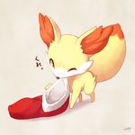  christmas_stocking fennekin fox gen_6_pokemon no_humans one_eye_closed pokemon pokemon_(creature) red_eyes signature translated wince 