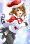  :d bad_id bad_pixiv_id black_legwear brown_eyes brown_hair capelet fang fujishima_shinnosuke hair_ornament hairclip hat ikazuchi_(kantai_collection) kantai_collection long_sleeves open_mouth sack santa_hat school_uniform serafuku short_hair skirt smile solo thighhighs zettai_ryouiki 