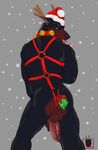  animal_genitalia anthro antlers balls bell blue_eyes butt candy_cane canine canine_penis christmas collar cum doberman dog dripping harness hat holidays horn linkin linkin_monroe looking_back male mammal mistletoe nude penis santa_hat simple_background snow tongue 