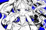  alternate_eye_color blue_background blue_eyes crying hands_on_own_cheeks hands_on_own_face hatsune_miku long_hair looking_at_viewer messy_hair mitsui monochrome nude simple_background sketch spot_color tears twintails upper_body vocaloid 