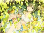  bare_shoulders brown_eyes brown_hair crazy_straw dotaku drink drinking_straw green_eyes green_hair heart_straw holding jitome long_hair looking_at_viewer lying midriff navel on_back original parted_lips plant rubber_duck shorts solo vines wading_pool 